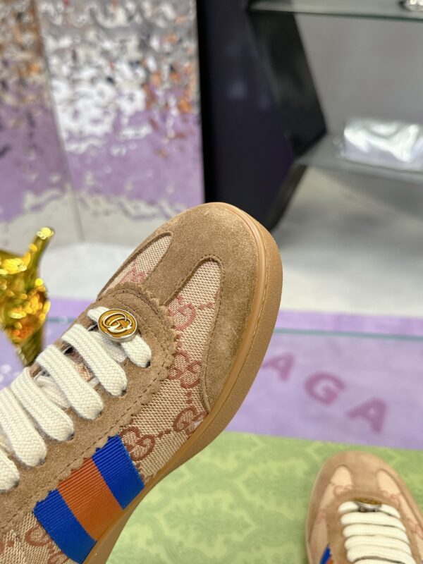 sy_no_E5A5D807F966029193279DF50B0E02A4_5 Gucci MAC8 GG Supreme Canvas & Suede Sneaker with Orange/Blue Web Stripe