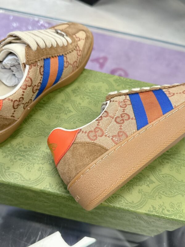 sy_no_E5A5D807F966029193279DF50B0E02A4_6 Gucci MAC8 GG Supreme Canvas & Suede Sneaker with Orange/Blue Web Stripe