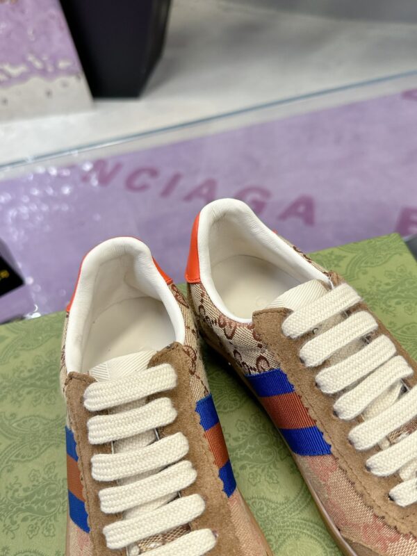 sy_no_E5A5D807F966029193279DF50B0E02A4_8 Gucci MAC8 GG Supreme Canvas & Suede Sneaker with Orange/Blue Web Stripe