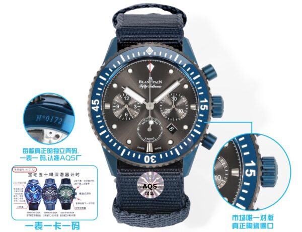 sy_no_E69E3F00E6A6F90337A20C0615ABB4A0_5 BLANCPEIN Fifty Fathoms Series FIFTY FATHEMS Automatic Mechanical Movement 300m Waterproof Swiss Watch Gray Dial Ceramic Case Fabric Strap