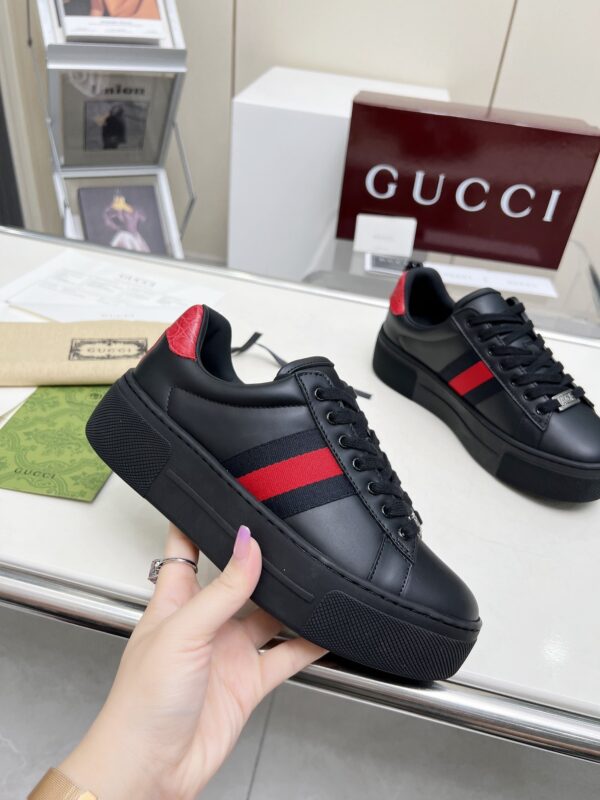 sy_no_E8AE8785DE69A5CB5CDE27786E519D94_0 Gucci Black Leather Chunky Sneaker with Red/Blue Web Stripe & Red Heel Detail