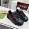 sy_no_E8AE8785DE69A5CB5CDE27786E519D94_1 Gucci Black Leather Chunky Sneaker with Red/Blue Web Stripe & Red Heel Detail