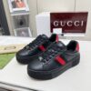 sy_no_E8AE8785DE69A5CB5CDE27786E519D94_2 Gucci Black Leather Chunky Sneaker with Red/Blue Web Stripe & Red Heel Detail