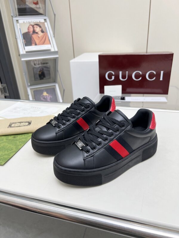 sy_no_E8AE8785DE69A5CB5CDE27786E519D94_2 Gucci Black Leather Chunky Sneaker with Red/Blue Web Stripe & Red Heel Detail