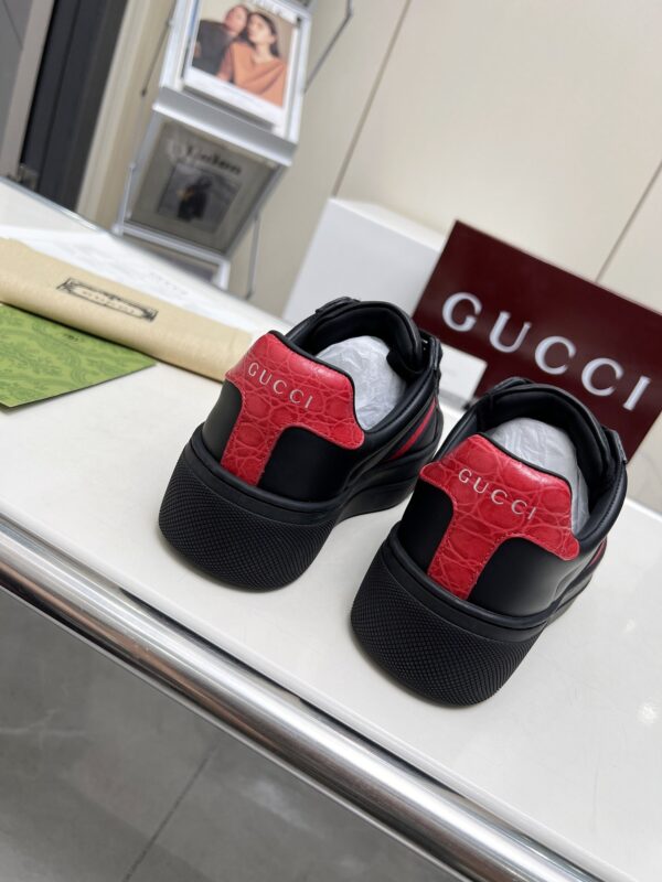 sy_no_E8AE8785DE69A5CB5CDE27786E519D94_4 Gucci Black Leather Chunky Sneaker with Red/Blue Web Stripe & Red Heel Detail