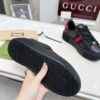 sy_no_E8AE8785DE69A5CB5CDE27786E519D94_5 Gucci Black Leather Chunky Sneaker with Red/Blue Web Stripe & Red Heel Detail