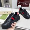 sy_no_E8AE8785DE69A5CB5CDE27786E519D94_6 Gucci Black Leather Chunky Sneaker with Red/Blue Web Stripe & Red Heel Detail