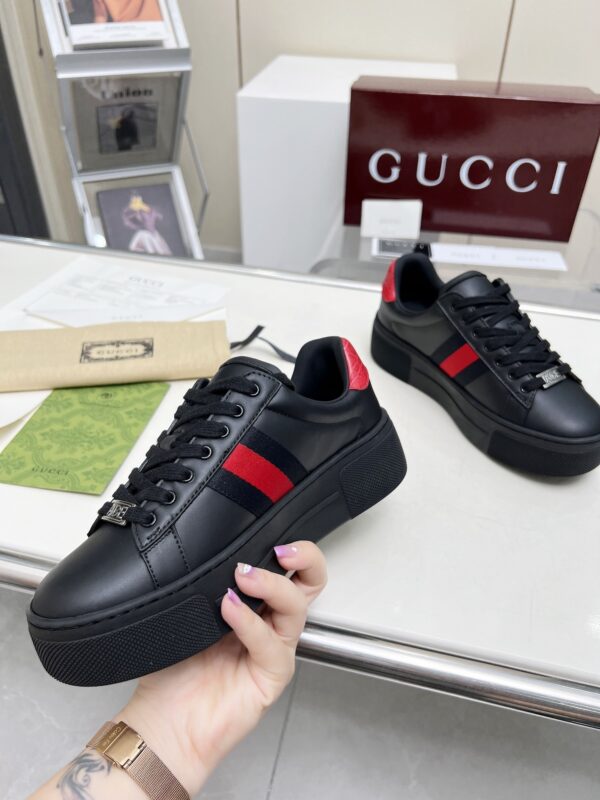 sy_no_E8AE8785DE69A5CB5CDE27786E519D94_6 Gucci Black Leather Chunky Sneaker with Red/Blue Web Stripe & Red Heel Detail