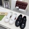 sy_no_E8AE8785DE69A5CB5CDE27786E519D94_8 Gucci Black Leather Chunky Sneaker with Red/Blue Web Stripe & Red Heel Detail