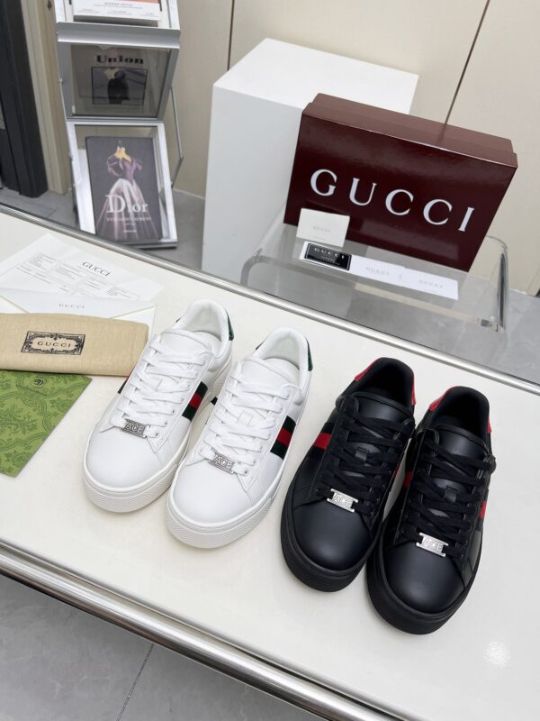 sy_no_E8AE8785DE69A5CB5CDE27786E519D94_8 Gucci Black Leather Chunky Sneaker with Red/Blue Web Stripe & Red Heel Detail