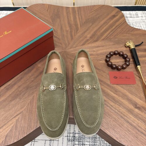 Loro Piana Sage Green Suede Metal-Buckle Loafers