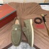 Loro Piana Sage Green Suede Metal-Buckle Loafers
