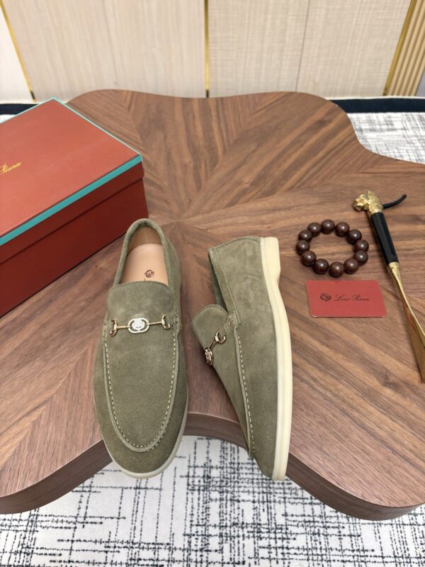 Loro Piana Sage Green Suede Metal-Buckle Loafers