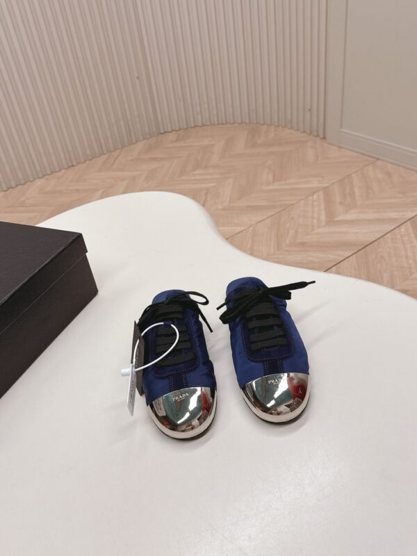 Prada Navy Nylon Silver Toe Mule Sneaker
