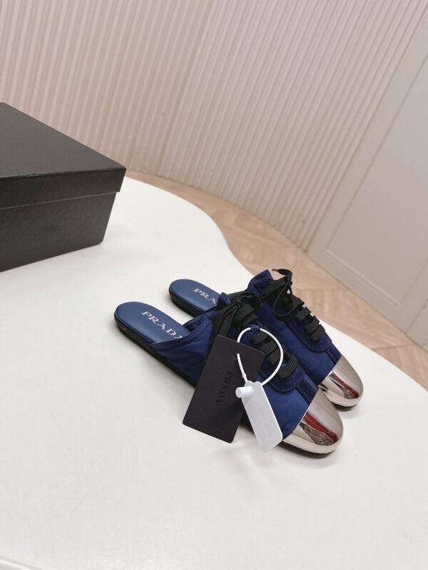 Prada Navy Nylon Silver Toe Mule Sneaker