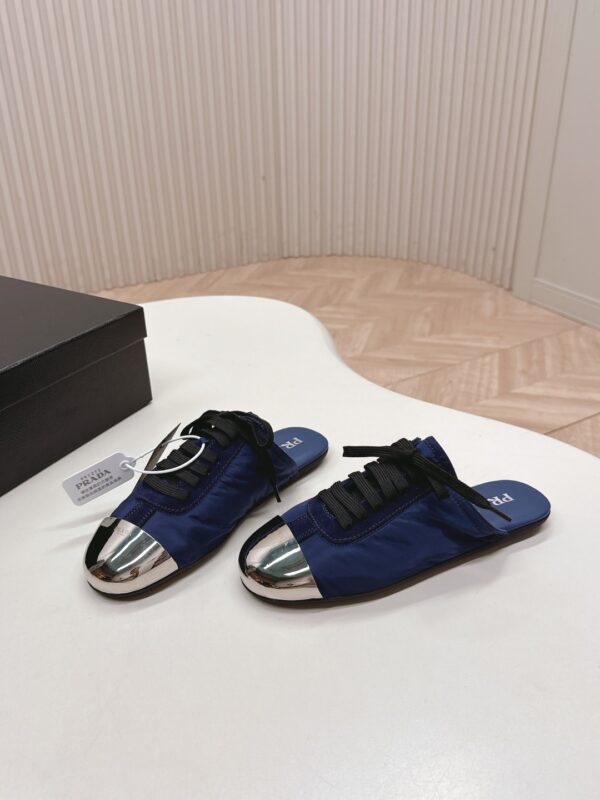 Prada Navy Nylon Silver Toe Mule Sneaker