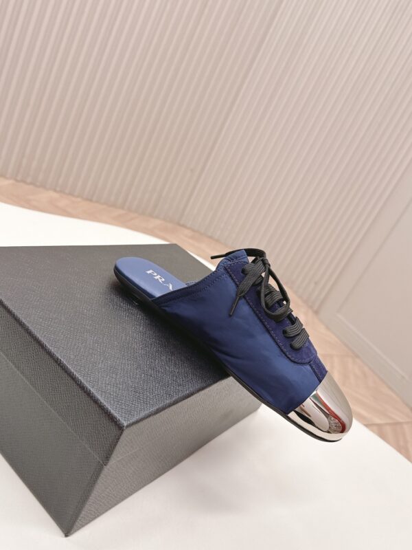 Prada Navy Nylon Silver Toe Mule Sneaker