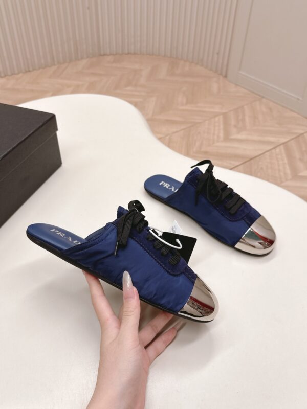 Prada Navy Nylon Silver Toe Mule Sneaker