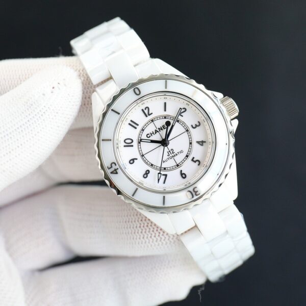 CHANEL J12 watch with automatic mechanical movement, ceramic strap, white dial