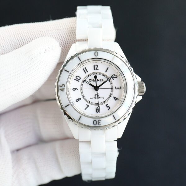 CHANEL J12 watch with automatic mechanical movement, ceramic strap, white dial