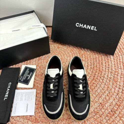 Chanel Black & White Low-Top Sneaker with Suede & Mesh Detailing