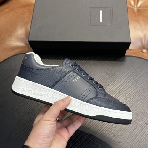 sy_no_F049249A09EE5A409A91387AF6B6D9B4_0 Saint Laurent Navy Blue Pebble-Leather SL61 White-Sole Low-Top Sneaker