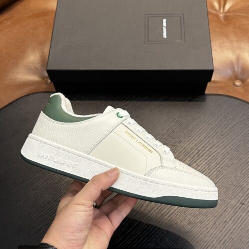 sy_no_F0555D270BF62D313E2372E7BB1F586A_0 Saint Laurent White-Green Pebble-Leather Low-Top Sneaker