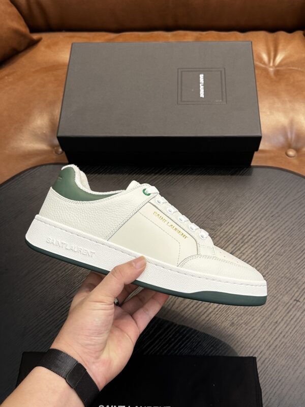 sy_no_F0555D270BF62D313E2372E7BB1F586A_0 Saint Laurent White-Green Pebble-Leather Low-Top Sneaker