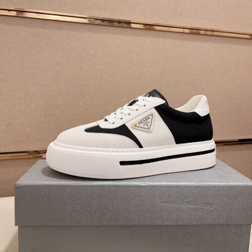 Prada Black White Leather Mesh Triangle Platform Sneaker
