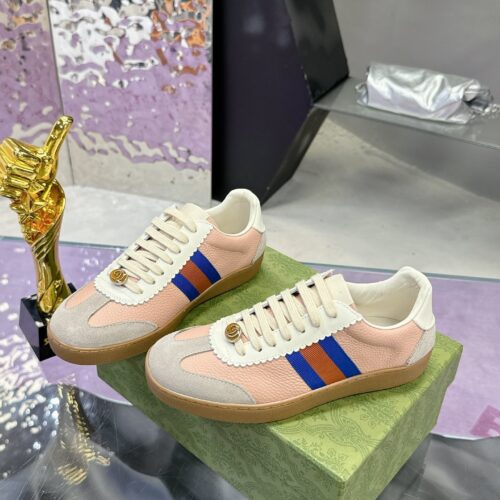 sy_no_F5640455A7ECBED08DEAFE97D84DD1A4_0 Gucci Screener Sneaker in Pink Leather with Blue/Orange Web Stripe