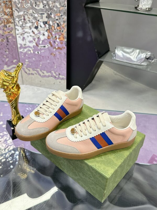 sy_no_F5640455A7ECBED08DEAFE97D84DD1A4_0 Gucci Screener Sneaker in Pink Leather with Blue/Orange Web Stripe