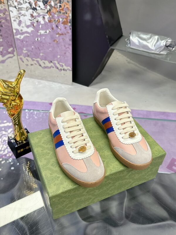 sy_no_F5640455A7ECBED08DEAFE97D84DD1A4_1 Gucci Screener Sneaker in Pink Leather with Blue/Orange Web Stripe