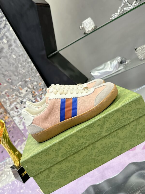 sy_no_F5640455A7ECBED08DEAFE97D84DD1A4_2 Gucci Screener Sneaker in Pink Leather with Blue/Orange Web Stripe