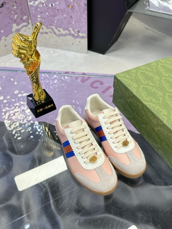 sy_no_F5640455A7ECBED08DEAFE97D84DD1A4_3 Gucci Screener Sneaker in Pink Leather with Blue/Orange Web Stripe