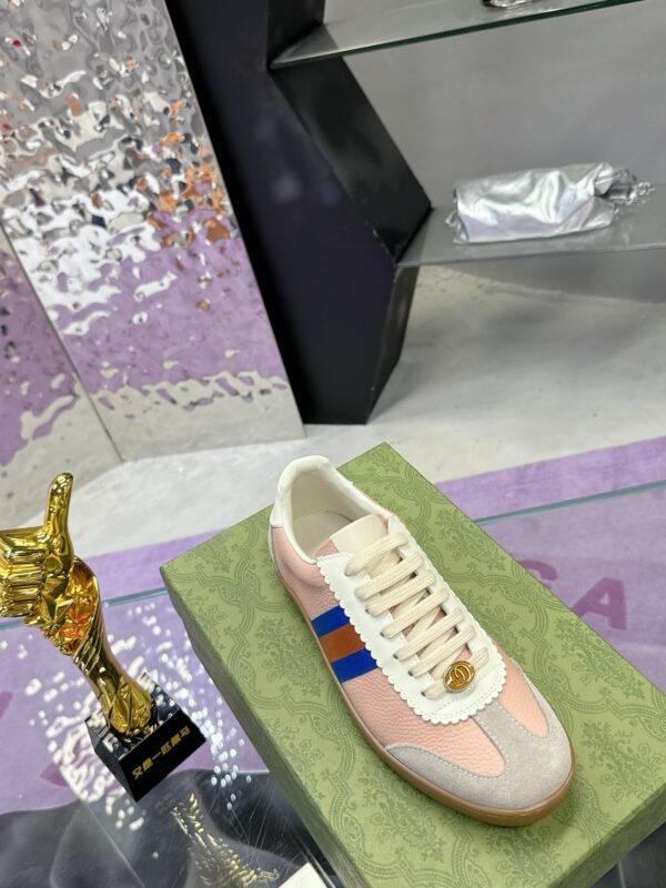 sy_no_F5640455A7ECBED08DEAFE97D84DD1A4_4 Gucci Screener Sneaker in Pink Leather with Blue/Orange Web Stripe