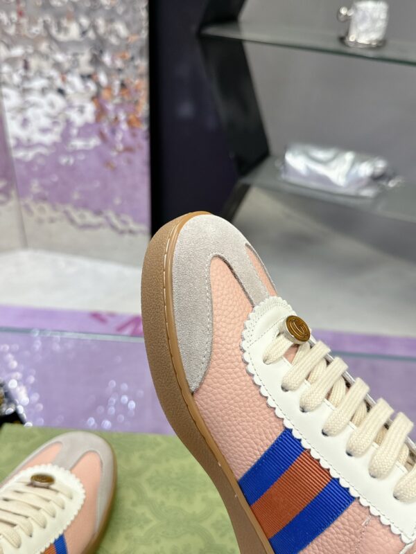 sy_no_F5640455A7ECBED08DEAFE97D84DD1A4_5 Gucci Screener Sneaker in Pink Leather with Blue/Orange Web Stripe