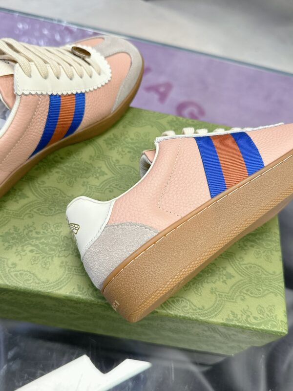 sy_no_F5640455A7ECBED08DEAFE97D84DD1A4_6 Gucci Screener Sneaker in Pink Leather with Blue/Orange Web Stripe