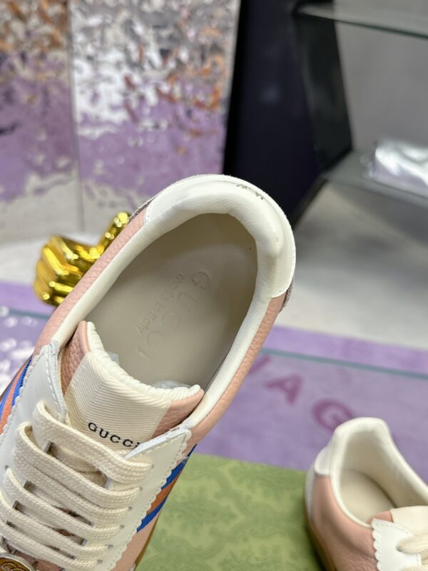 sy_no_F5640455A7ECBED08DEAFE97D84DD1A4_7 Gucci Screener Sneaker in Pink Leather with Blue/Orange Web Stripe