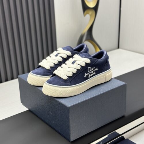 Dior Navy Blue Suede White Thick Lace Low-Top Sneaker