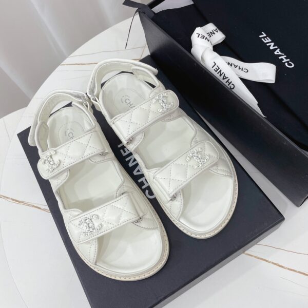 Chanel White Quilted Leather Platform Sandal with Rhinestone CC Logo