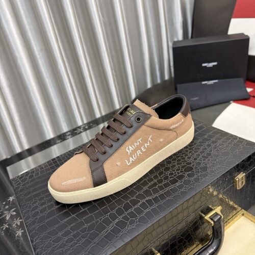 sy_no_F88F8155BDF7BE163CD337174FFC0DF8_0 Saint Laurent Khaki Canvas Dark Brown Leather Low-Top Sneaker