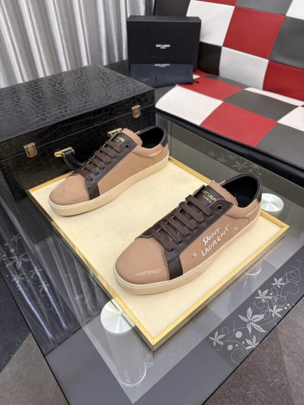sy_no_F88F8155BDF7BE163CD337174FFC0DF8_1 Saint Laurent Khaki Canvas Dark Brown Leather Low-Top Sneaker