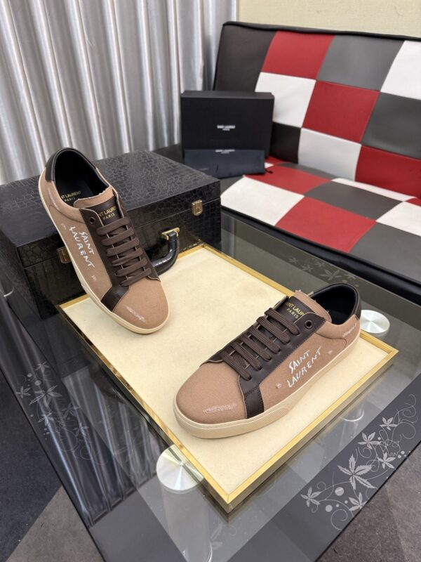 sy_no_F88F8155BDF7BE163CD337174FFC0DF8_2 Saint Laurent Khaki Canvas Dark Brown Leather Low-Top Sneaker