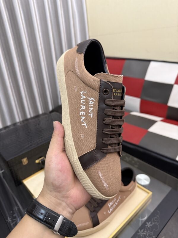 sy_no_F88F8155BDF7BE163CD337174FFC0DF8_3 Saint Laurent Khaki Canvas Dark Brown Leather Low-Top Sneaker