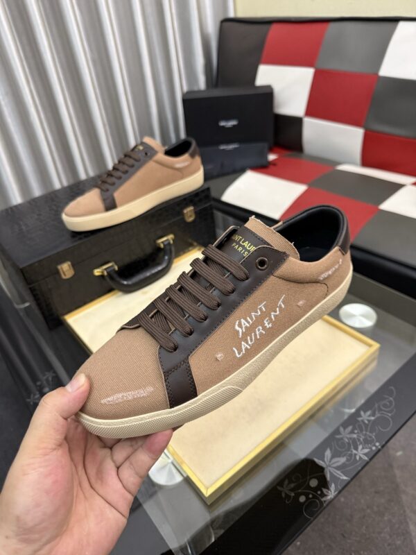 sy_no_F88F8155BDF7BE163CD337174FFC0DF8_4 Saint Laurent Khaki Canvas Dark Brown Leather Low-Top Sneaker