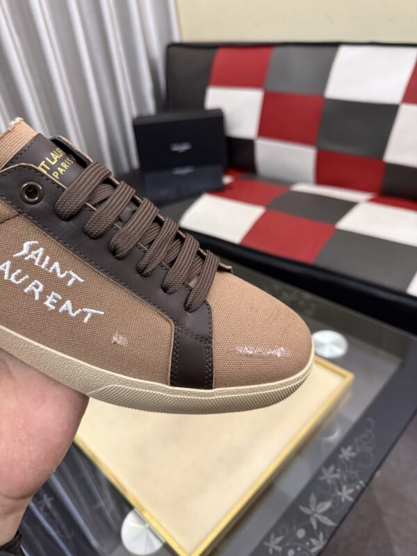 sy_no_F88F8155BDF7BE163CD337174FFC0DF8_5 Saint Laurent Khaki Canvas Dark Brown Leather Low-Top Sneaker