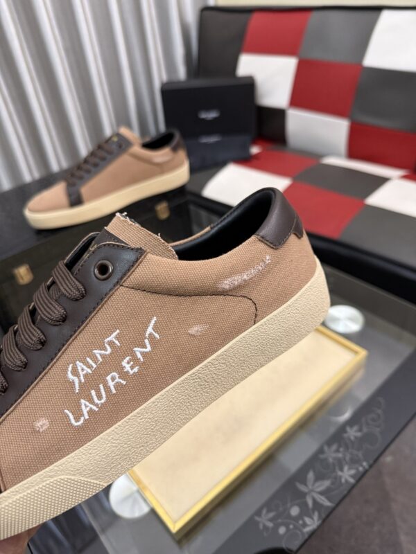 sy_no_F88F8155BDF7BE163CD337174FFC0DF8_6 Saint Laurent Khaki Canvas Dark Brown Leather Low-Top Sneaker