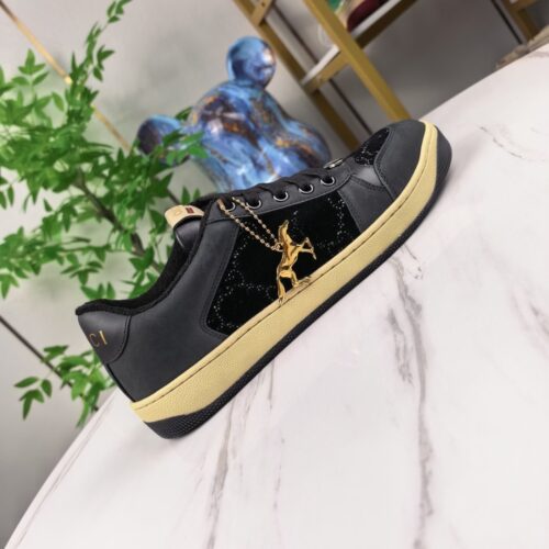 Gucci Screener Sneaker in Black GG Canvas & Leather with Gold Horse Charm