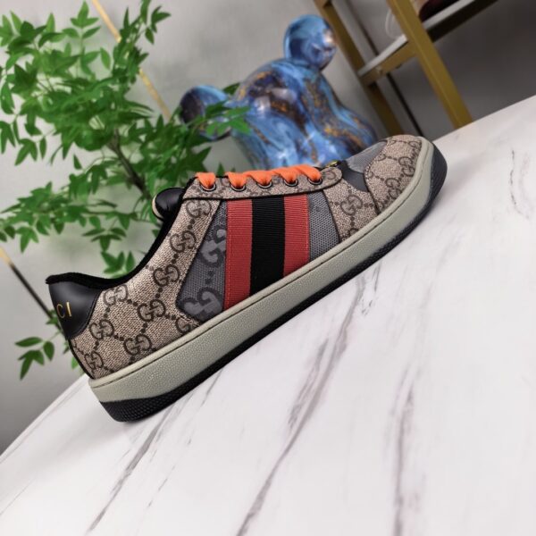 sy_no_FA220419E7A7D903FA11B0750C9E12A0_0 Gucci Screener Sneaker in GG Supreme Canvas with Red/Black Web Stripe & Orange Laces