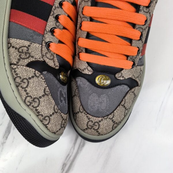 sy_no_FA220419E7A7D903FA11B0750C9E12A0_7 Gucci Screener Sneaker in GG Supreme Canvas with Red/Black Web Stripe & Orange Laces